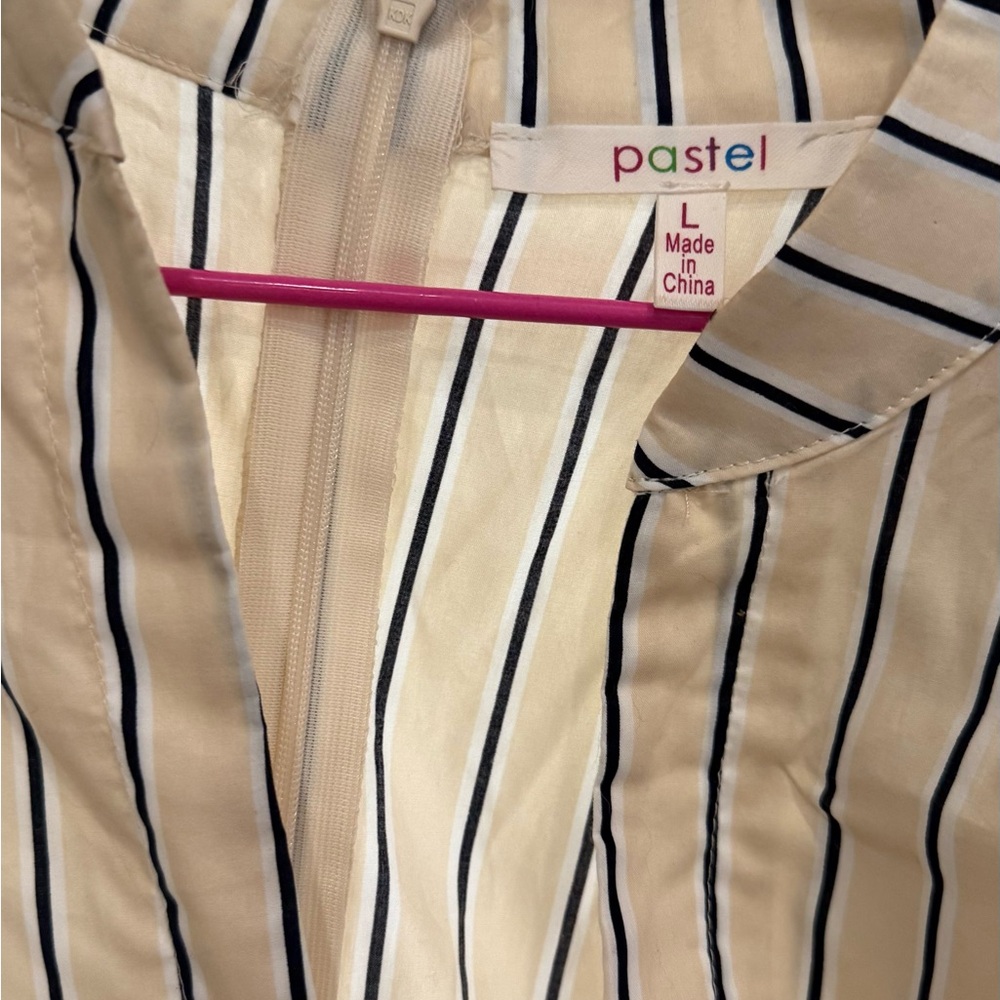 By Pastel- khaki striped Striped Blouse with belt loops and puff sleeve